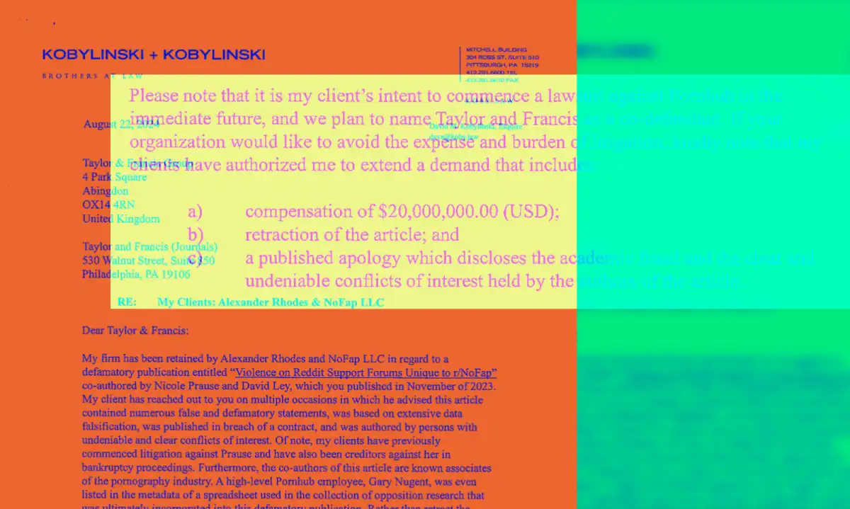 Alexander Rhodes and NoFap LLC Sue Aylo Over Alleged Defamation; Demand $20M from Taylor & Francis